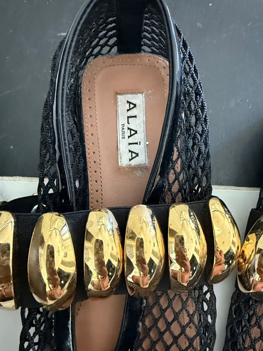Alaia 2026 Black Mesh Ballet Flats with Gold Orb Detail - Picture 6 of 6